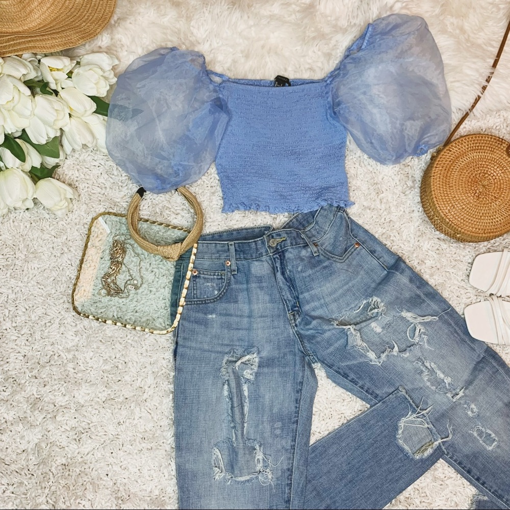 Forever 21 Blue Organza Puff-Sleeve Crop Top- size:S